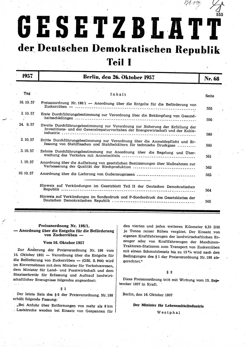 Gesetzblatt (GBl.) der Deutschen Demokratischen Republik (DDR) Teil Ⅰ 1957, Seite 555 (GBl. DDR Ⅰ 1957, S. 555)