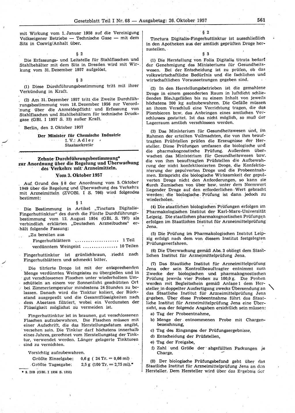 Gesetzblatt (GBl.) der Deutschen Demokratischen Republik (DDR) Teil Ⅰ 1957, Seite 561 (GBl. DDR Ⅰ 1957, S. 561)
