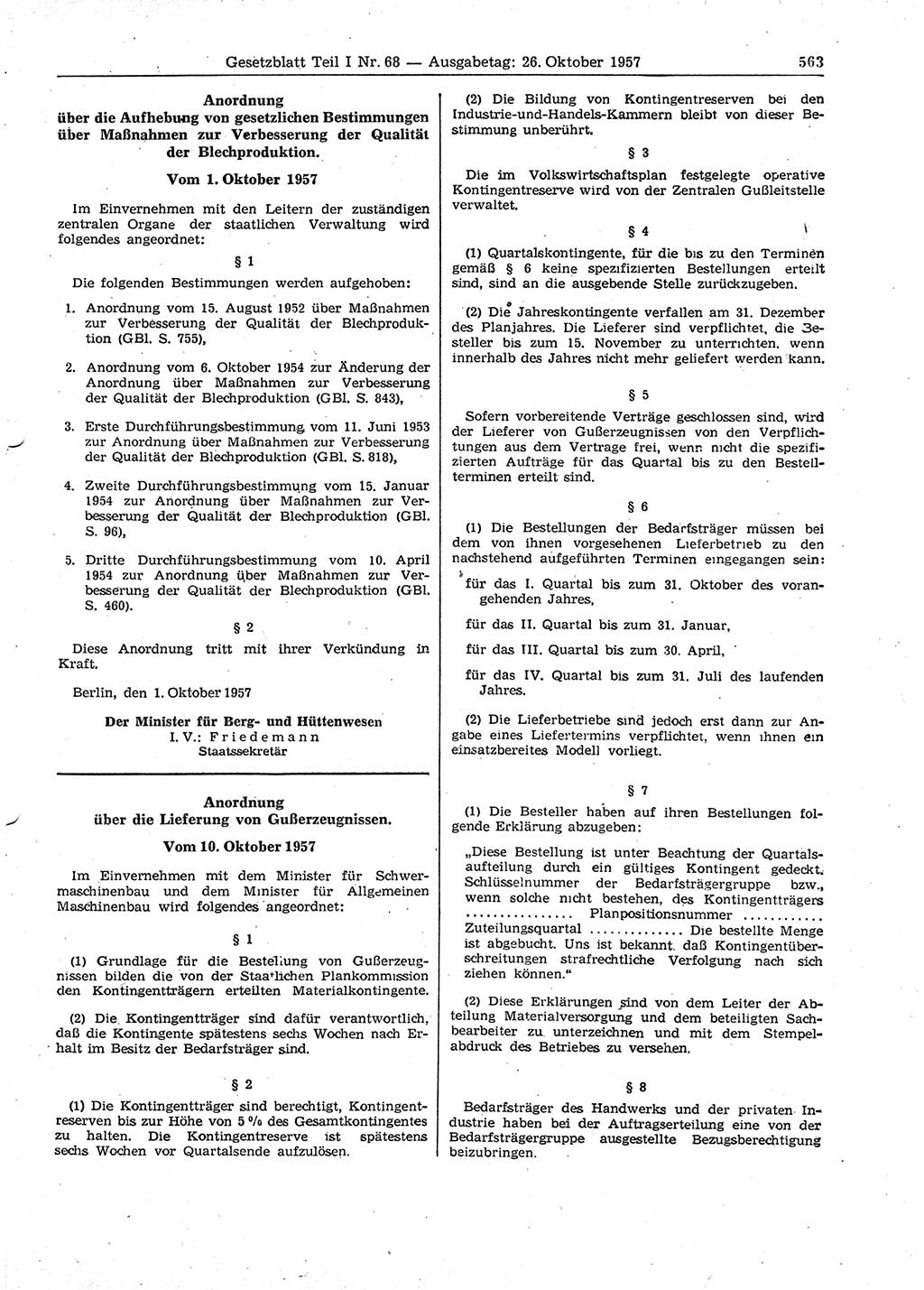 Gesetzblatt (GBl.) der Deutschen Demokratischen Republik (DDR) Teil Ⅰ 1957, Seite 563 (GBl. DDR Ⅰ 1957, S. 563)