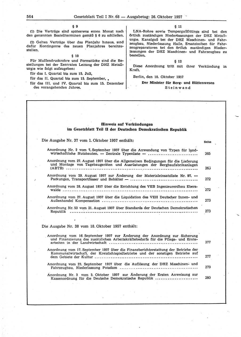 Gesetzblatt (GBl.) der Deutschen Demokratischen Republik (DDR) Teil Ⅰ 1957, Seite 564 (GBl. DDR Ⅰ 1957, S. 564)