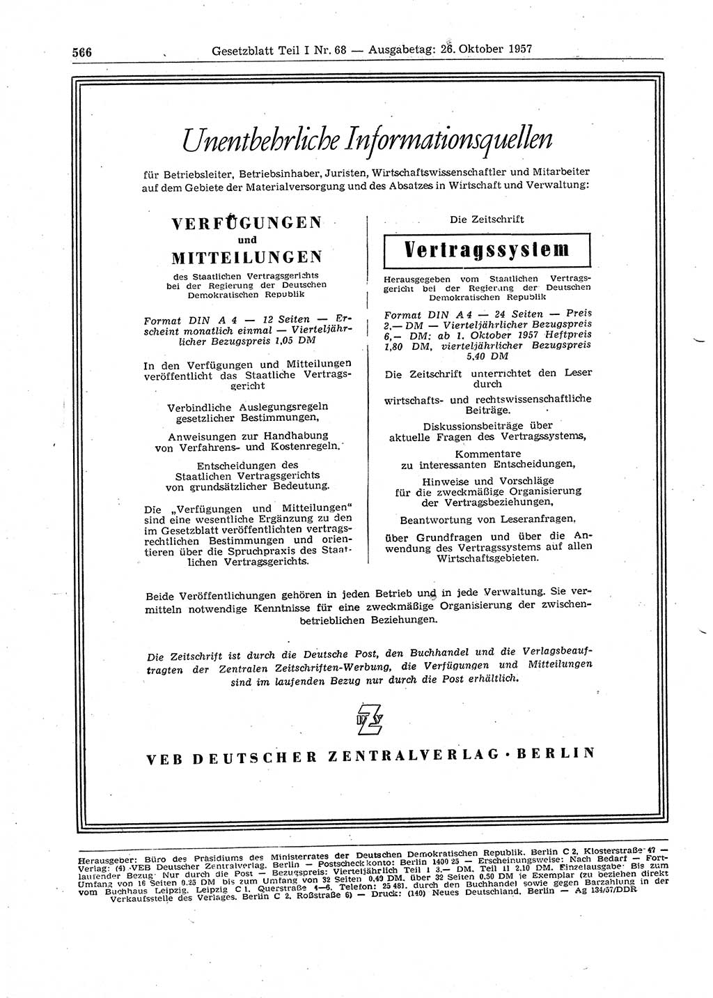 Gesetzblatt (GBl.) der Deutschen Demokratischen Republik (DDR) Teil Ⅰ 1957, Seite 566 (GBl. DDR Ⅰ 1957, S. 566)