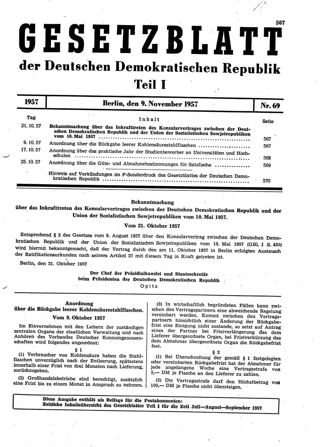 Gesetzblatt (GBl.) der Deutschen Demokratischen Republik (DDR) Teil Ⅰ 1957, Seite 567 (GBl. DDR Ⅰ 1957, S. 567)