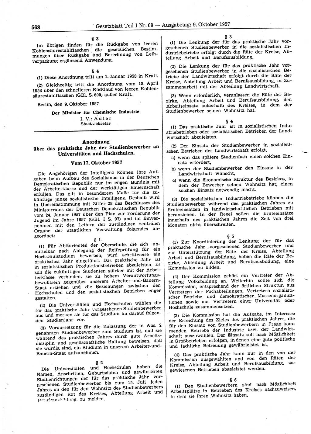 Gesetzblatt (GBl.) der Deutschen Demokratischen Republik (DDR) Teil Ⅰ 1957, Seite 568 (GBl. DDR Ⅰ 1957, S. 568)