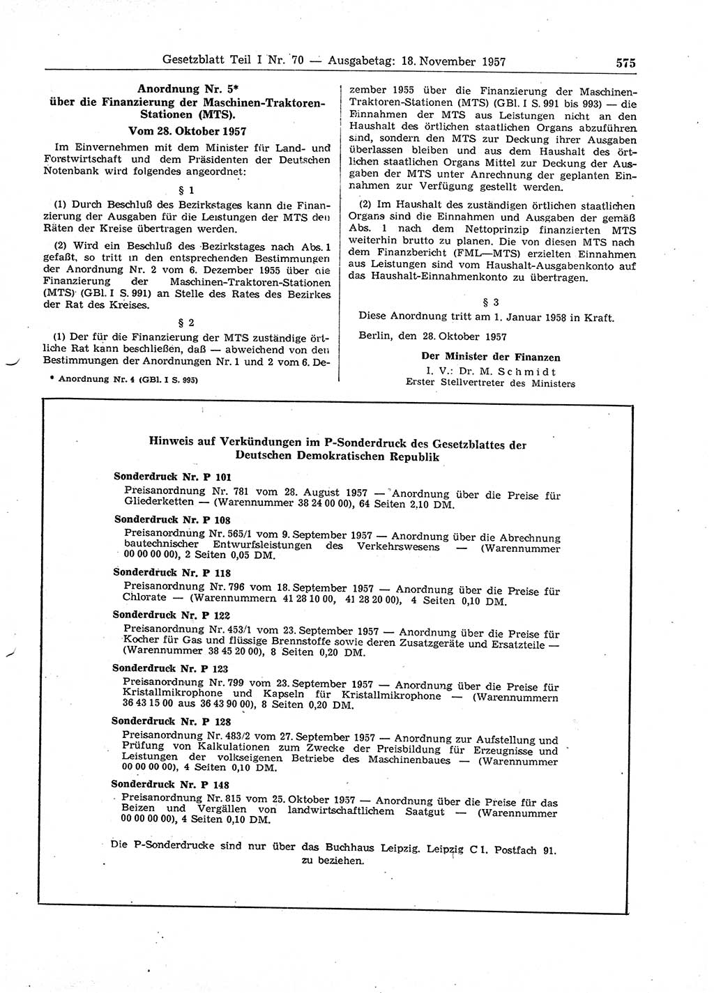 Gesetzblatt (GBl.) der Deutschen Demokratischen Republik (DDR) Teil Ⅰ 1957, Seite 575 (GBl. DDR Ⅰ 1957, S. 575)