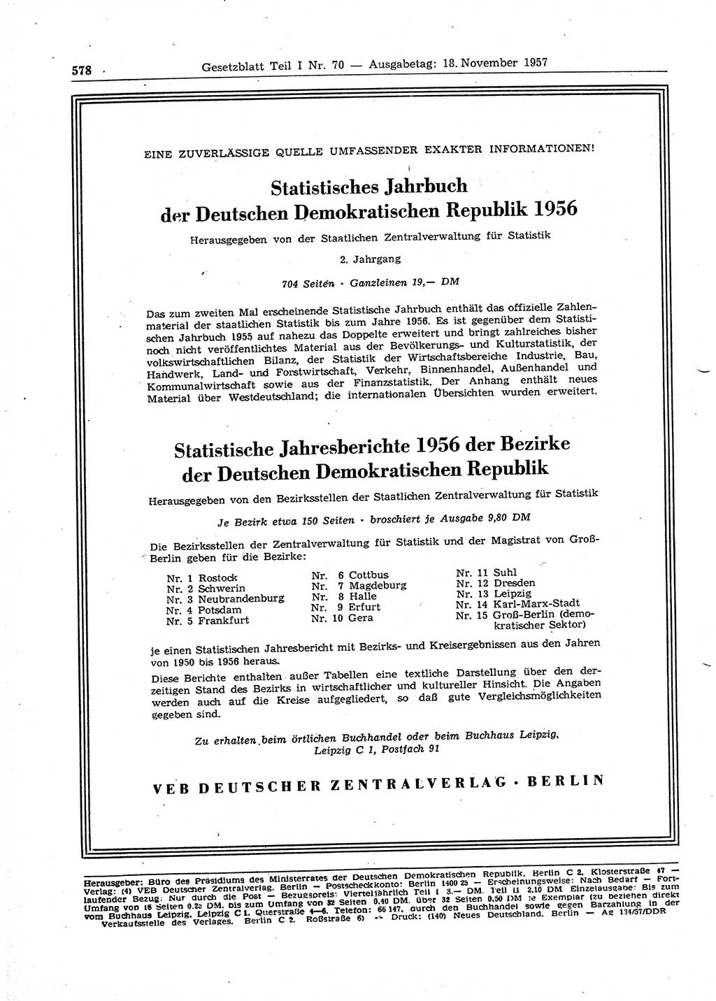 Gesetzblatt (GBl.) der Deutschen Demokratischen Republik (DDR) Teil Ⅰ 1957, Seite 578 (GBl. DDR Ⅰ 1957, S. 578)