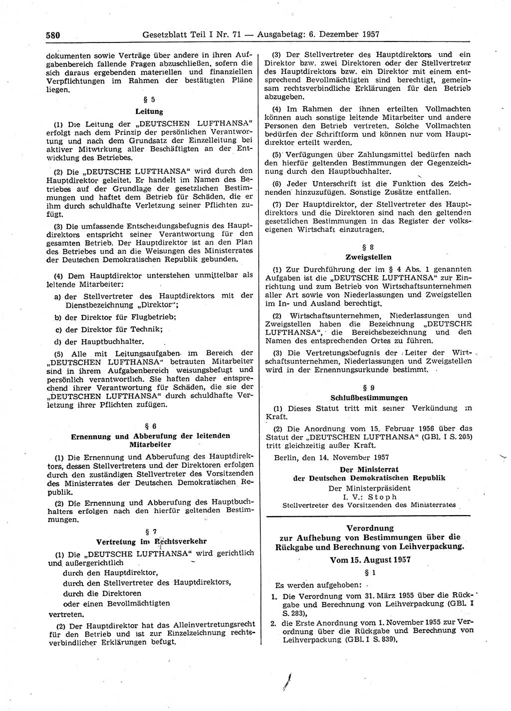 Gesetzblatt (GBl.) der Deutschen Demokratischen Republik (DDR) Teil Ⅰ 1957, Seite 580 (GBl. DDR Ⅰ 1957, S. 580)