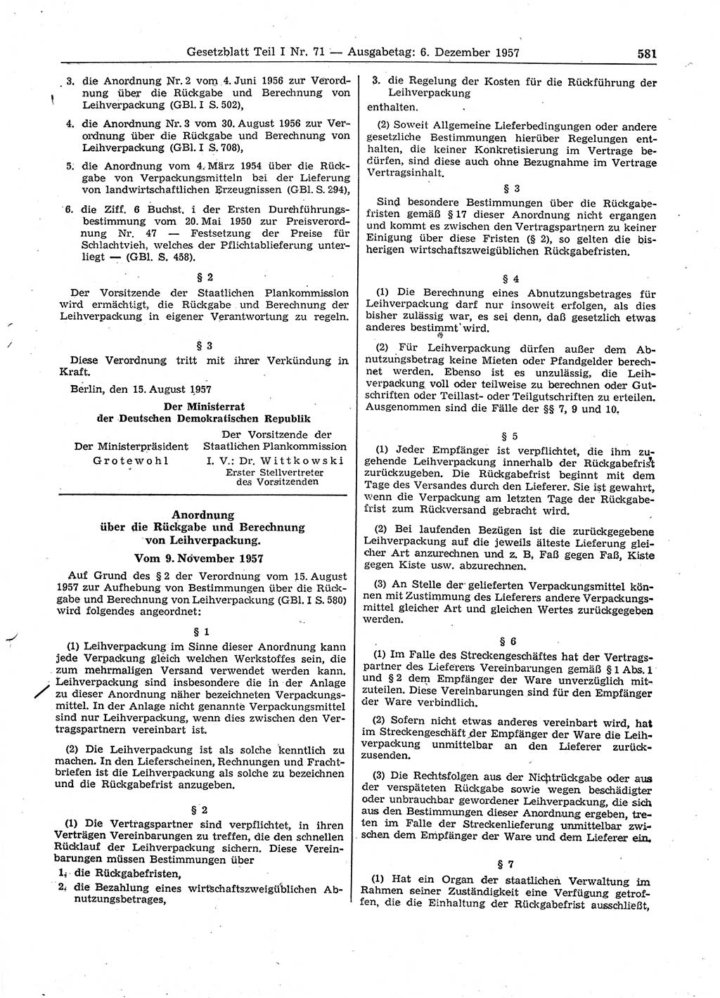 Gesetzblatt (GBl.) der Deutschen Demokratischen Republik (DDR) Teil Ⅰ 1957, Seite 581 (GBl. DDR Ⅰ 1957, S. 581)