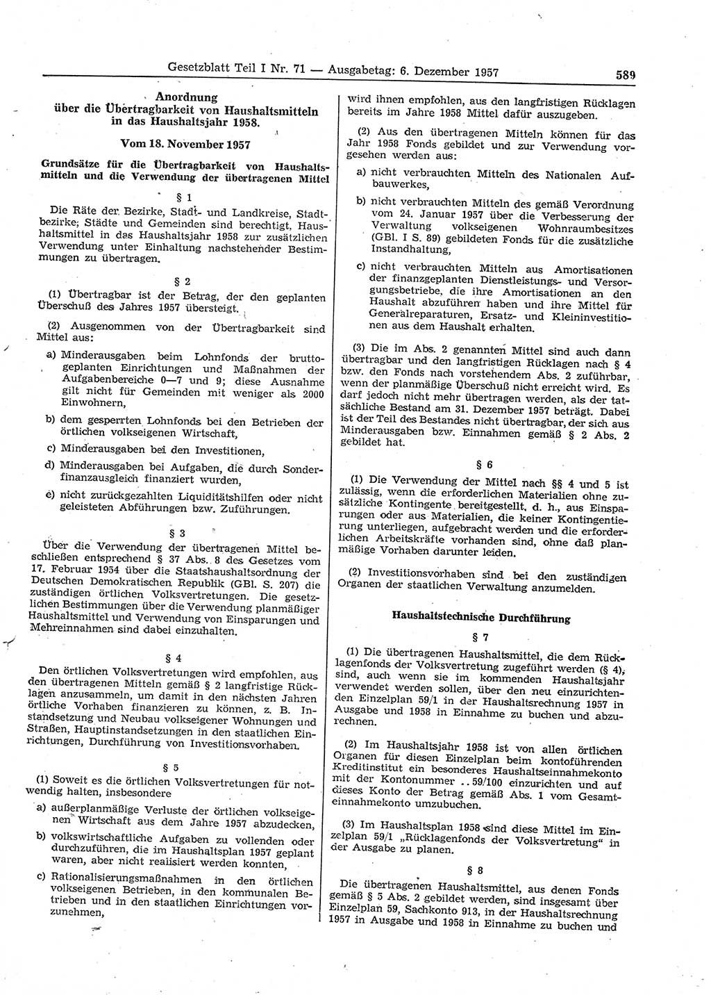 Gesetzblatt (GBl.) der Deutschen Demokratischen Republik (DDR) Teil Ⅰ 1957, Seite 589 (GBl. DDR Ⅰ 1957, S. 589)
