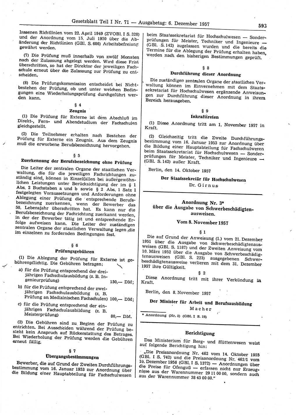 Gesetzblatt (GBl.) der Deutschen Demokratischen Republik (DDR) Teil Ⅰ 1957, Seite 593 (GBl. DDR Ⅰ 1957, S. 593)