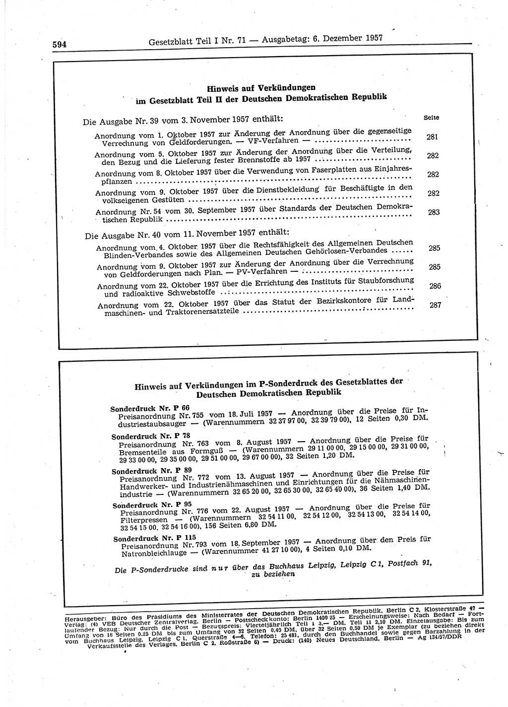 Gesetzblatt (GBl.) der Deutschen Demokratischen Republik (DDR) Teil Ⅰ 1957, Seite 594 (GBl. DDR Ⅰ 1957, S. 594)