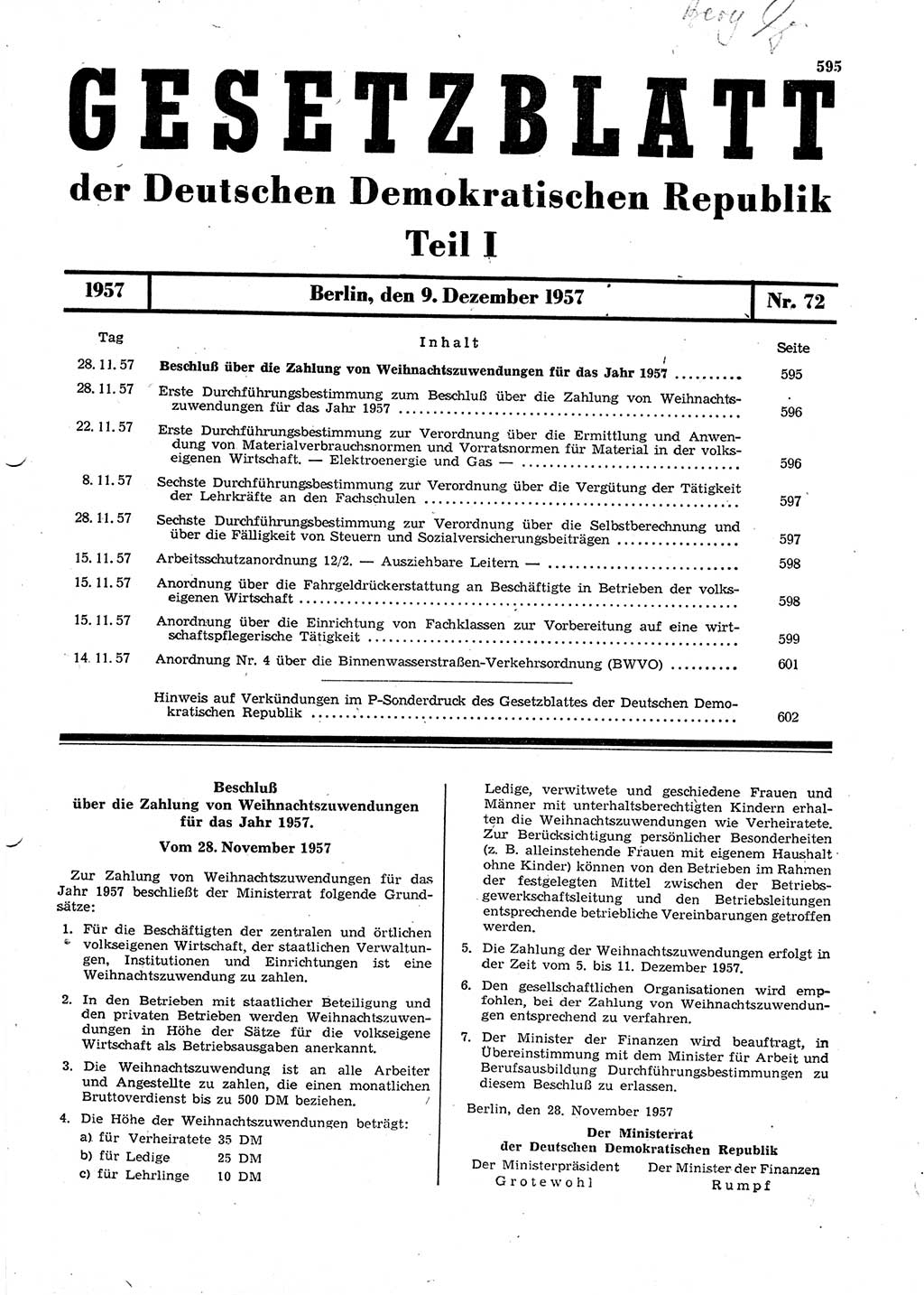 Gesetzblatt (GBl.) der Deutschen Demokratischen Republik (DDR) Teil Ⅰ 1957, Seite 595 (GBl. DDR Ⅰ 1957, S. 595)