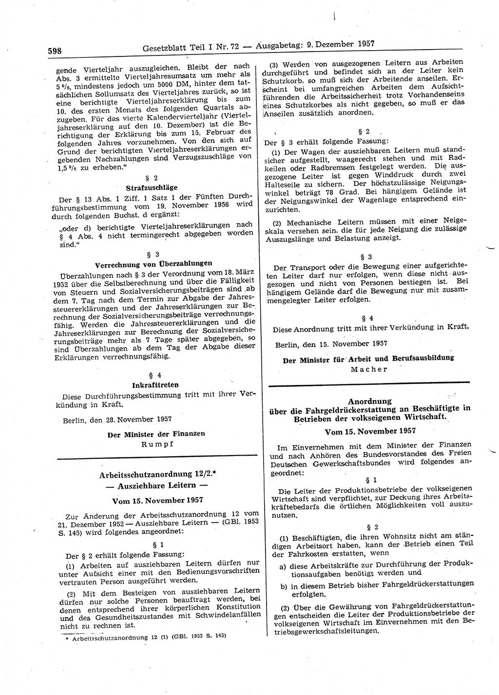 Gesetzblatt (GBl.) der Deutschen Demokratischen Republik (DDR) Teil Ⅰ 1957, Seite 598 (GBl. DDR Ⅰ 1957, S. 598)