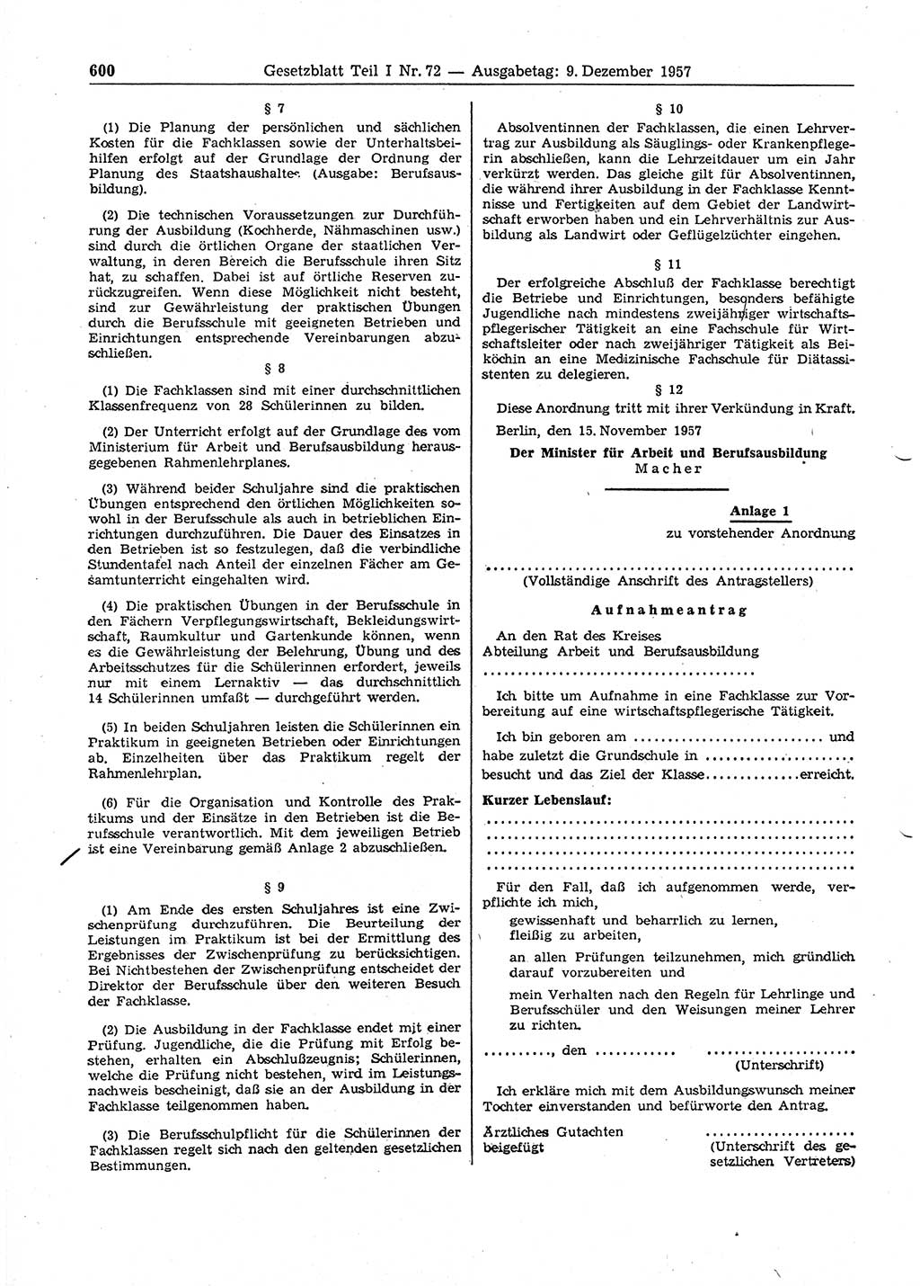 Gesetzblatt (GBl.) der Deutschen Demokratischen Republik (DDR) Teil Ⅰ 1957, Seite 600 (GBl. DDR Ⅰ 1957, S. 600)