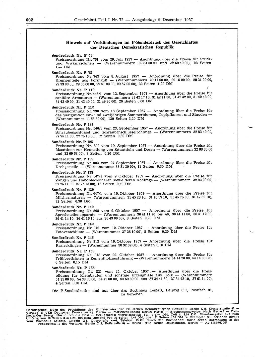 Gesetzblatt (GBl.) der Deutschen Demokratischen Republik (DDR) Teil Ⅰ 1957, Seite 602 (GBl. DDR Ⅰ 1957, S. 602)