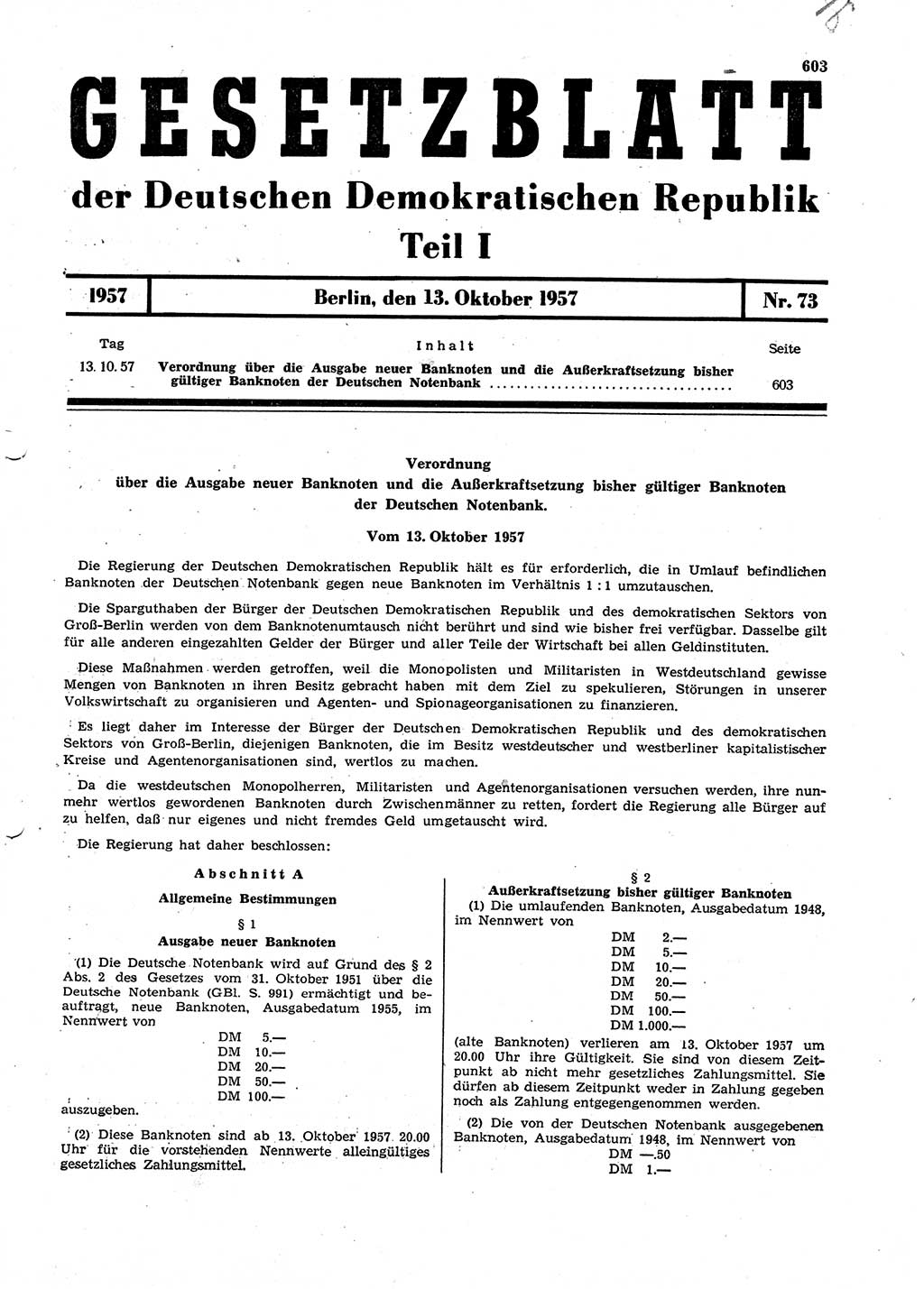 Gesetzblatt (GBl.) der Deutschen Demokratischen Republik (DDR) Teil Ⅰ 1957, Seite 603 (GBl. DDR Ⅰ 1957, S. 603)