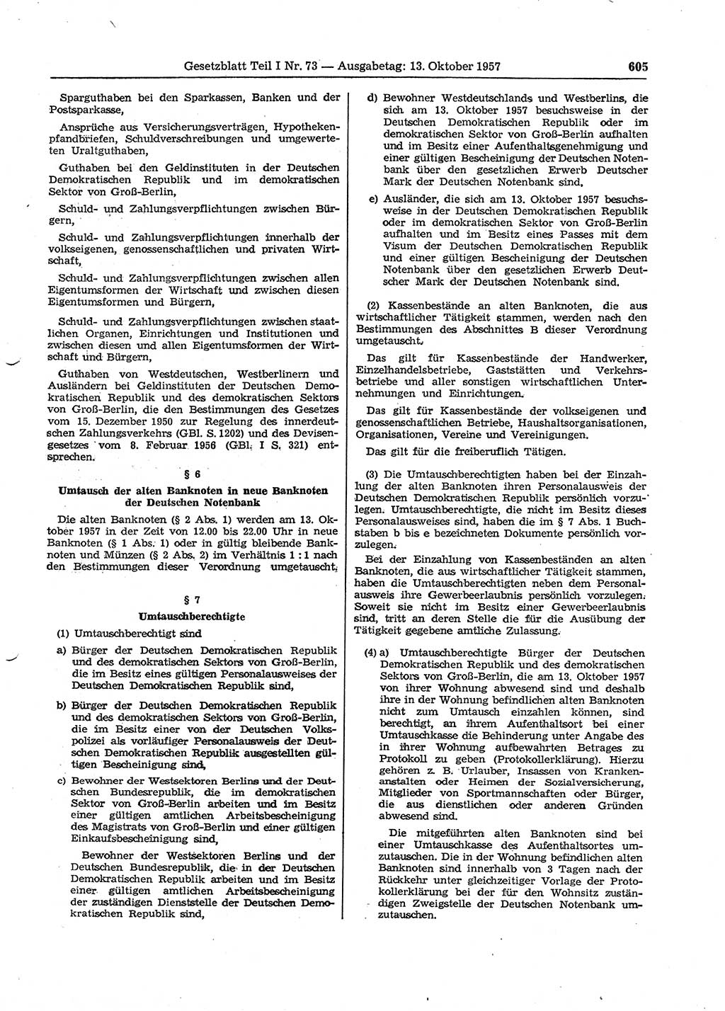 Gesetzblatt (GBl.) der Deutschen Demokratischen Republik (DDR) Teil Ⅰ 1957, Seite 605 (GBl. DDR Ⅰ 1957, S. 605)