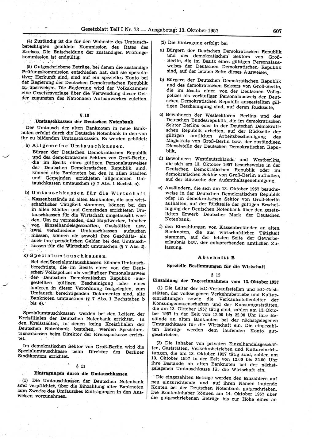 Gesetzblatt (GBl.) der Deutschen Demokratischen Republik (DDR) Teil Ⅰ 1957, Seite 607 (GBl. DDR Ⅰ 1957, S. 607)
