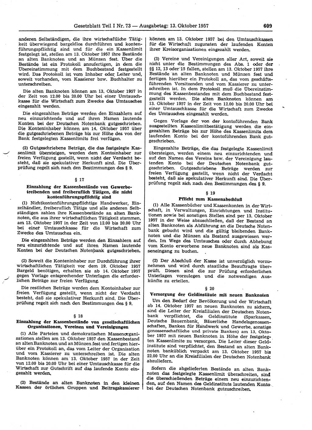 Gesetzblatt (GBl.) der Deutschen Demokratischen Republik (DDR) Teil Ⅰ 1957, Seite 609 (GBl. DDR Ⅰ 1957, S. 609)
