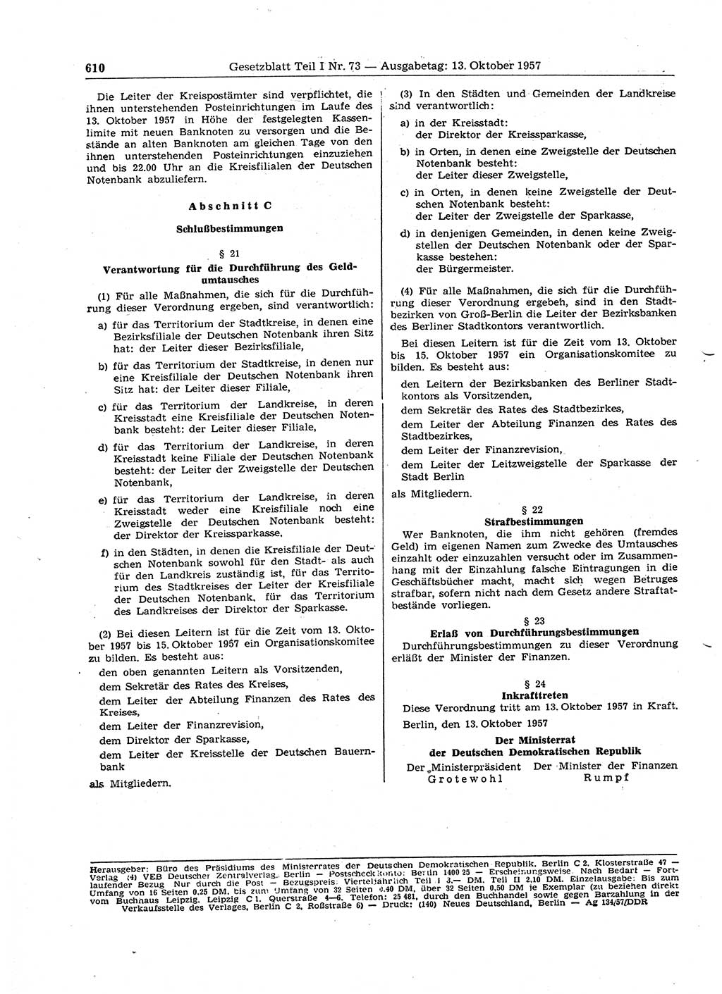 Gesetzblatt (GBl.) der Deutschen Demokratischen Republik (DDR) Teil Ⅰ 1957, Seite 610 (GBl. DDR Ⅰ 1957, S. 610)