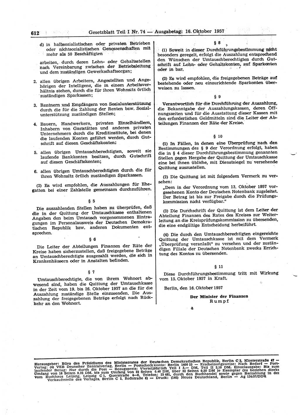 Gesetzblatt (GBl.) der Deutschen Demokratischen Republik (DDR) Teil Ⅰ 1957, Seite 612 (GBl. DDR Ⅰ 1957, S. 612)