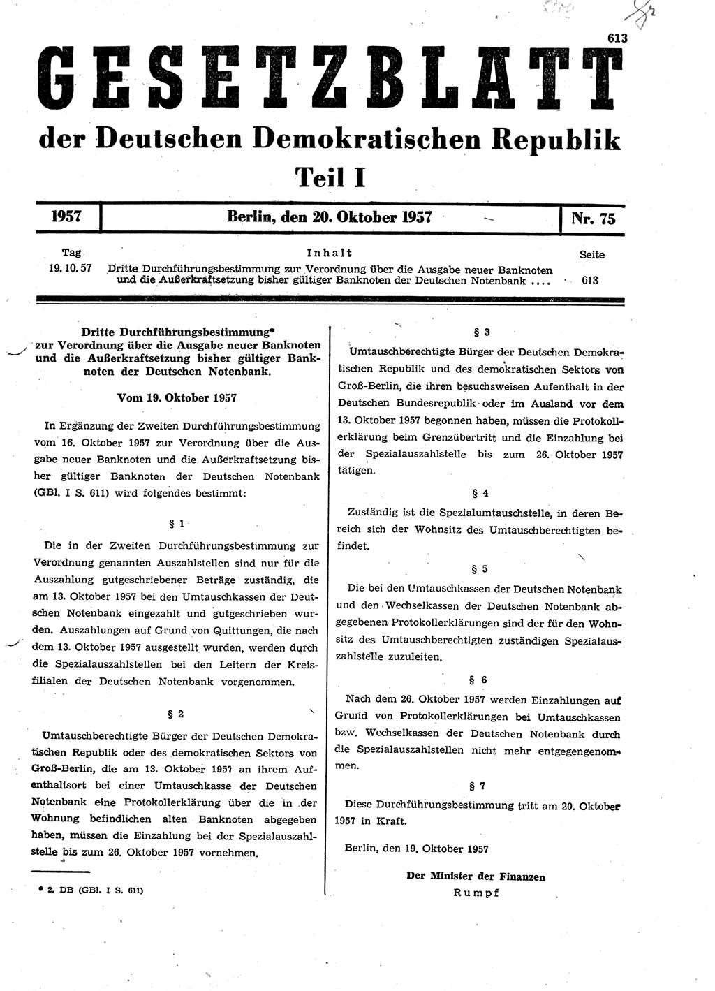 Gesetzblatt (GBl.) der Deutschen Demokratischen Republik (DDR) Teil Ⅰ 1957, Seite 613 (GBl. DDR Ⅰ 1957, S. 613)