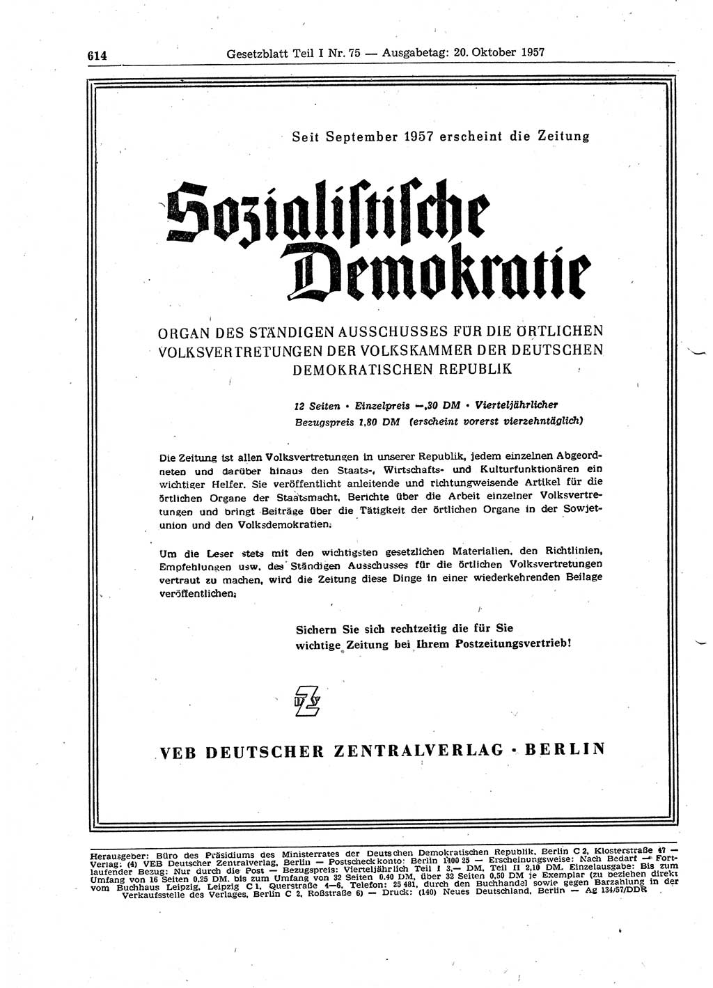 Gesetzblatt (GBl.) der Deutschen Demokratischen Republik (DDR) Teil Ⅰ 1957, Seite 614 (GBl. DDR Ⅰ 1957, S. 614)