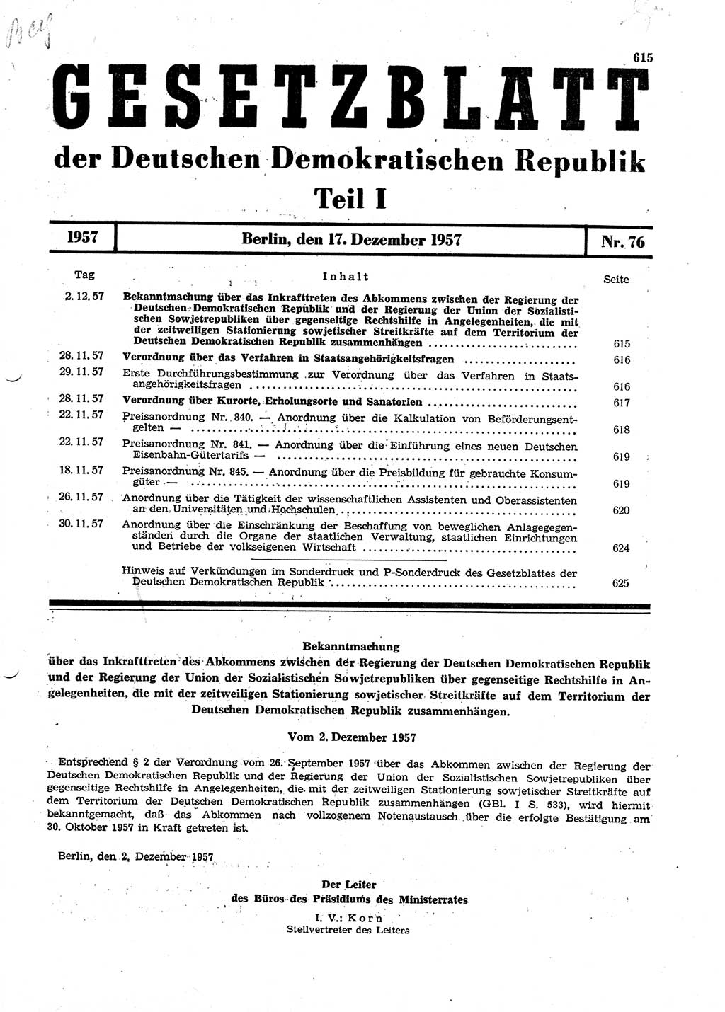 Gesetzblatt (GBl.) der Deutschen Demokratischen Republik (DDR) Teil Ⅰ 1957, Seite 615 (GBl. DDR Ⅰ 1957, S. 615)