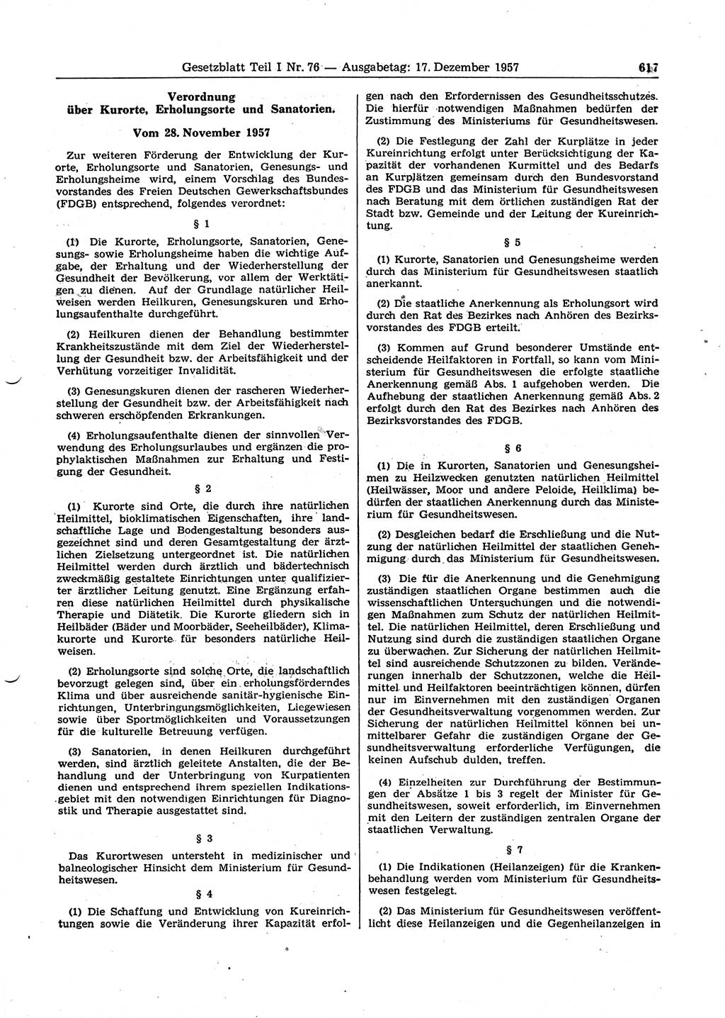 Gesetzblatt (GBl.) der Deutschen Demokratischen Republik (DDR) Teil Ⅰ 1957, Seite 617 (GBl. DDR Ⅰ 1957, S. 617)