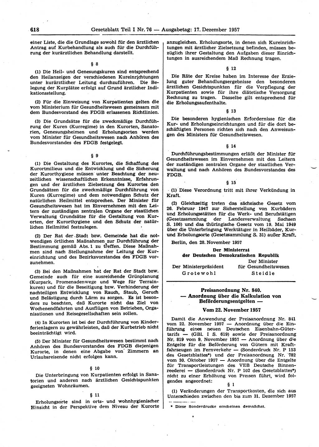 Gesetzblatt (GBl.) der Deutschen Demokratischen Republik (DDR) Teil Ⅰ 1957, Seite 618 (GBl. DDR Ⅰ 1957, S. 618)