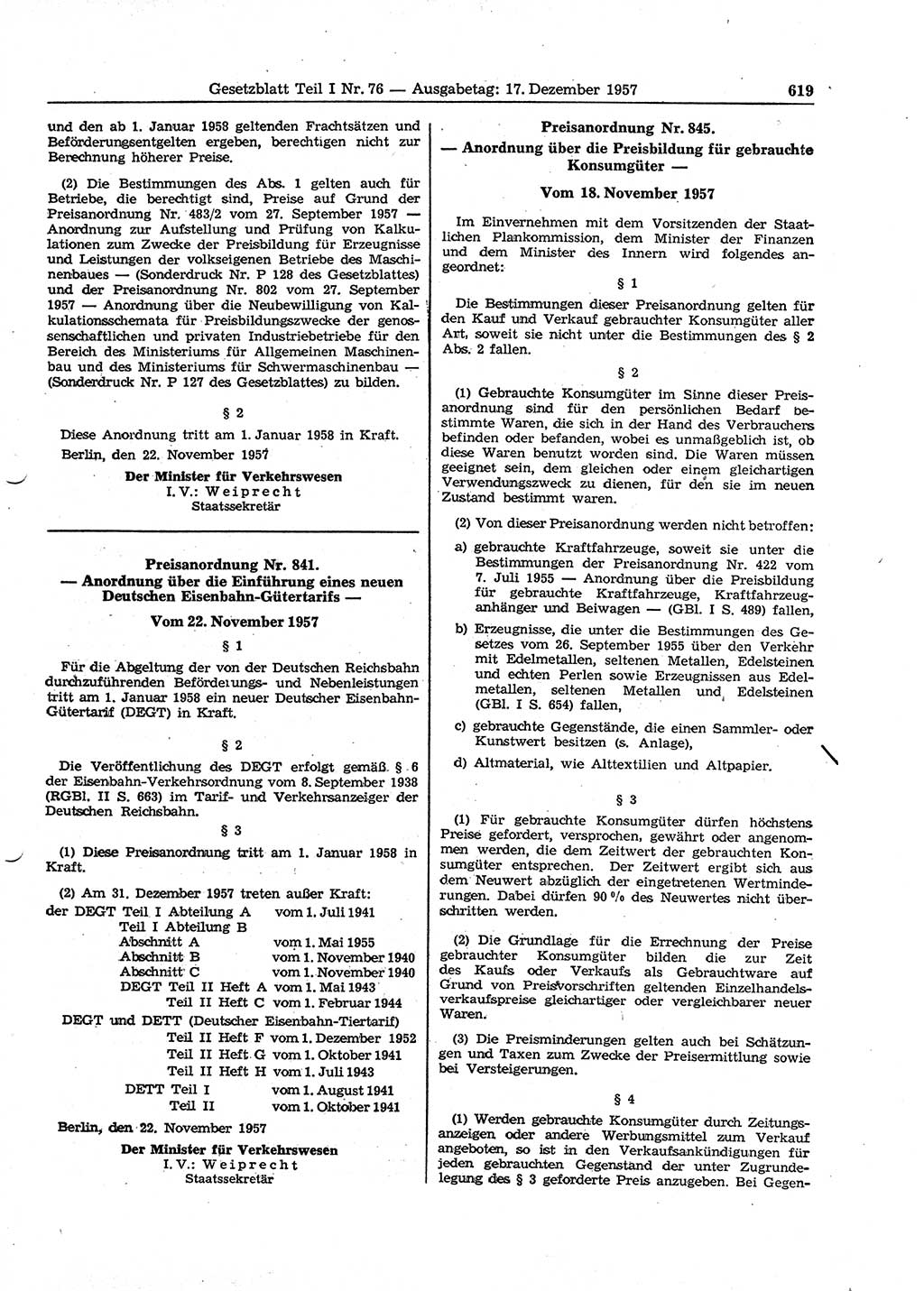 Gesetzblatt (GBl.) der Deutschen Demokratischen Republik (DDR) Teil Ⅰ 1957, Seite 619 (GBl. DDR Ⅰ 1957, S. 619)