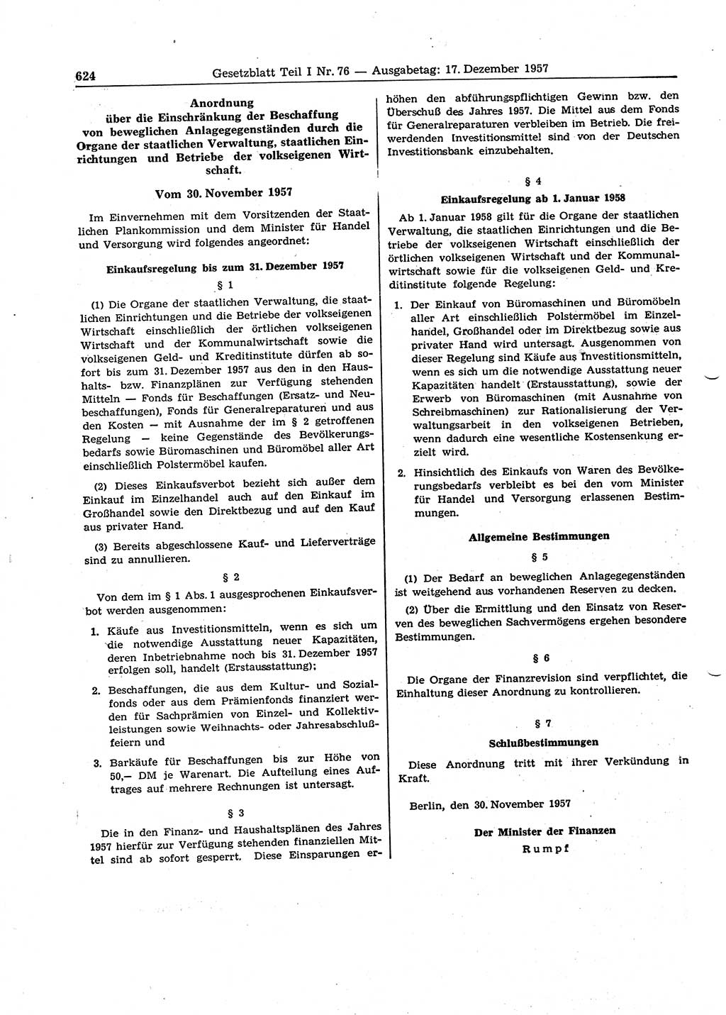 Gesetzblatt (GBl.) der Deutschen Demokratischen Republik (DDR) Teil Ⅰ 1957, Seite 624 (GBl. DDR Ⅰ 1957, S. 624)