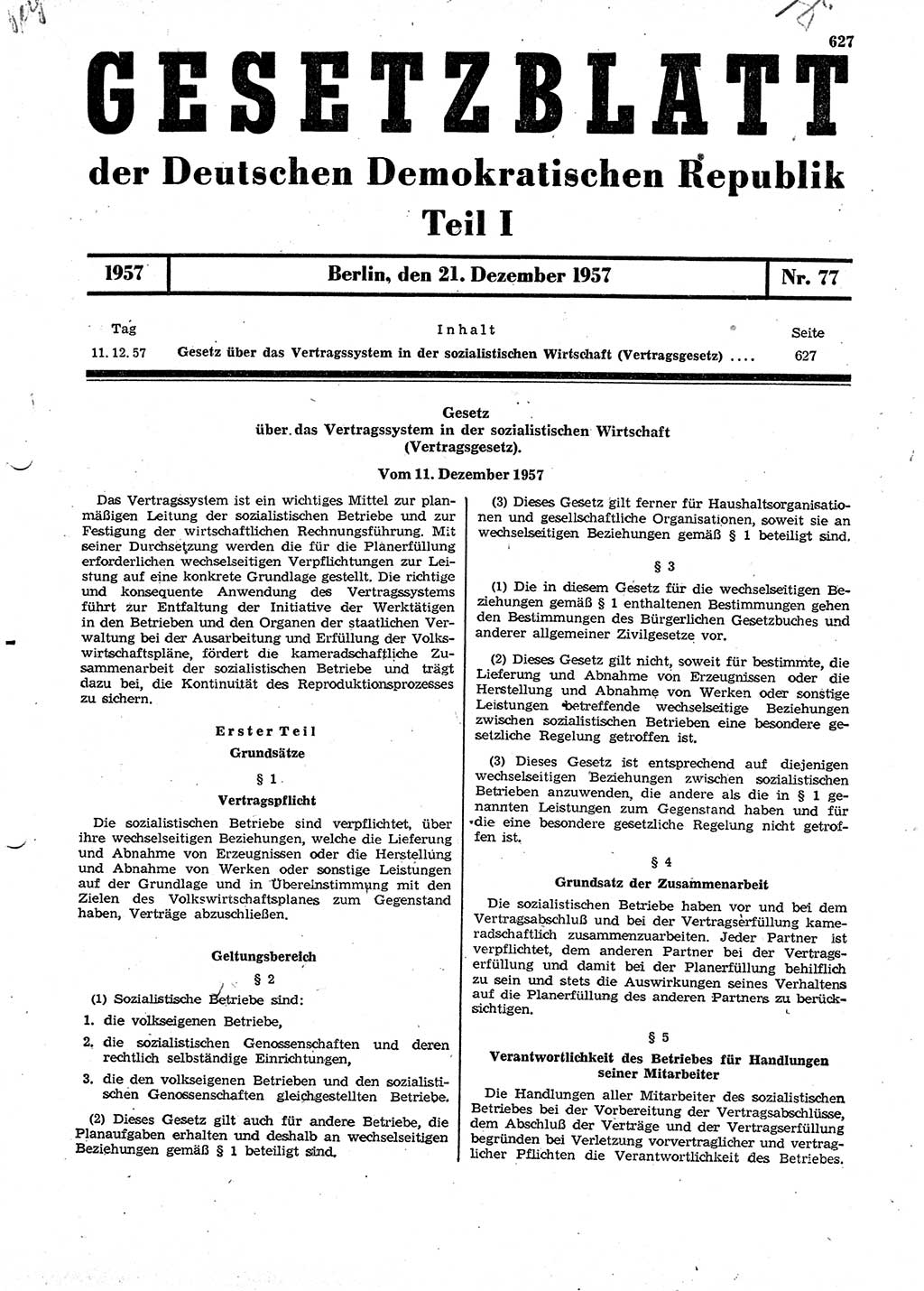 Gesetzblatt (GBl.) der Deutschen Demokratischen Republik (DDR) Teil Ⅰ 1957, Seite 627 (GBl. DDR Ⅰ 1957, S. 627)