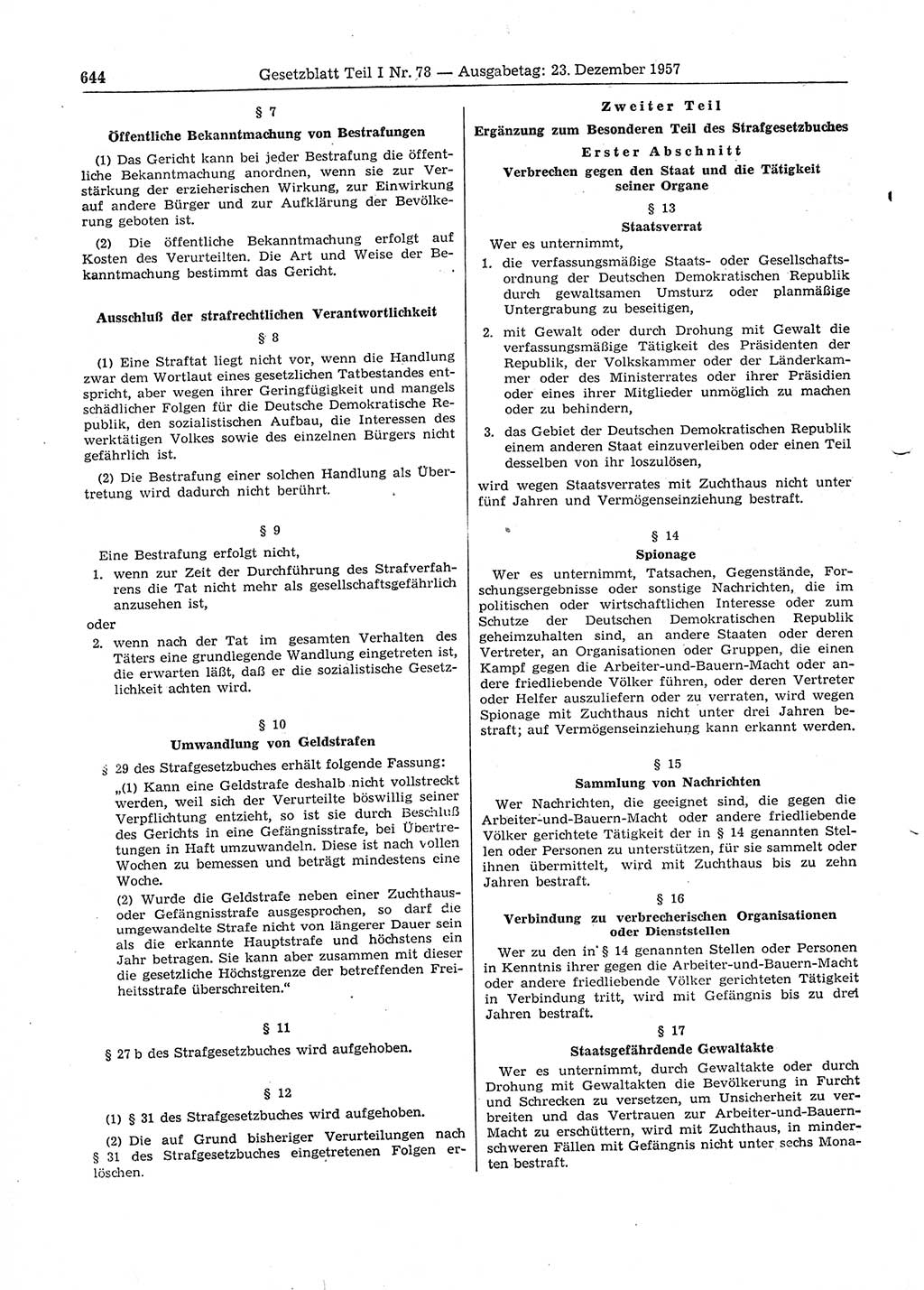 Gesetzblatt (GBl.) der Deutschen Demokratischen Republik (DDR) Teil Ⅰ 1957, Seite 644 (GBl. DDR Ⅰ 1957, S. 644)