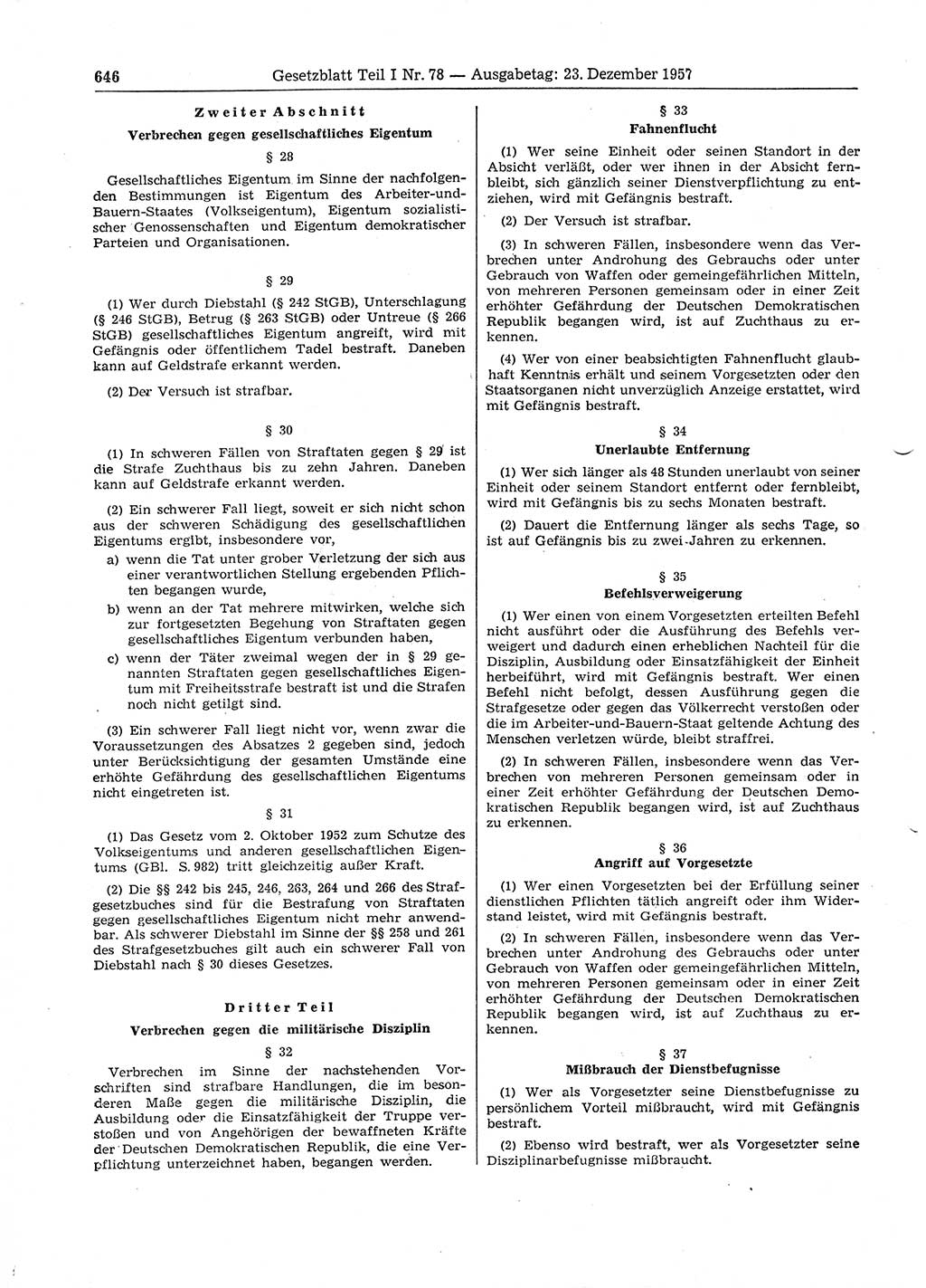 Gesetzblatt (GBl.) der Deutschen Demokratischen Republik (DDR) Teil Ⅰ 1957, Seite 646 (GBl. DDR Ⅰ 1957, S. 646)