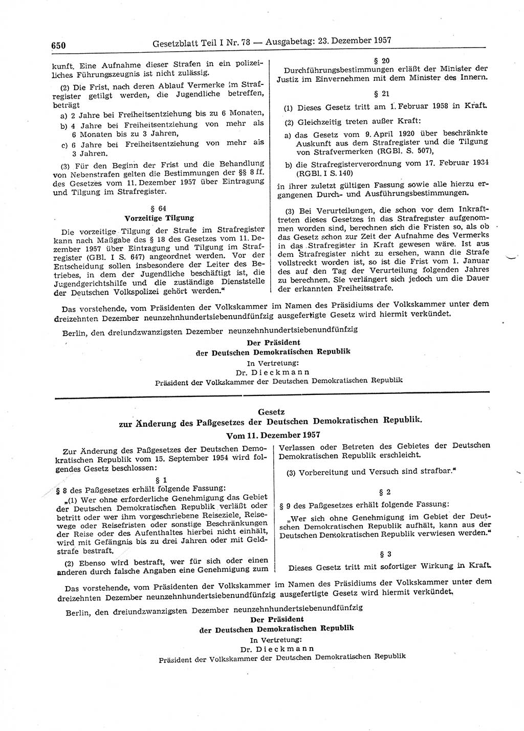 Gesetzblatt (GBl.) der Deutschen Demokratischen Republik (DDR) Teil Ⅰ 1957, Seite 650 (GBl. DDR Ⅰ 1957, S. 650)