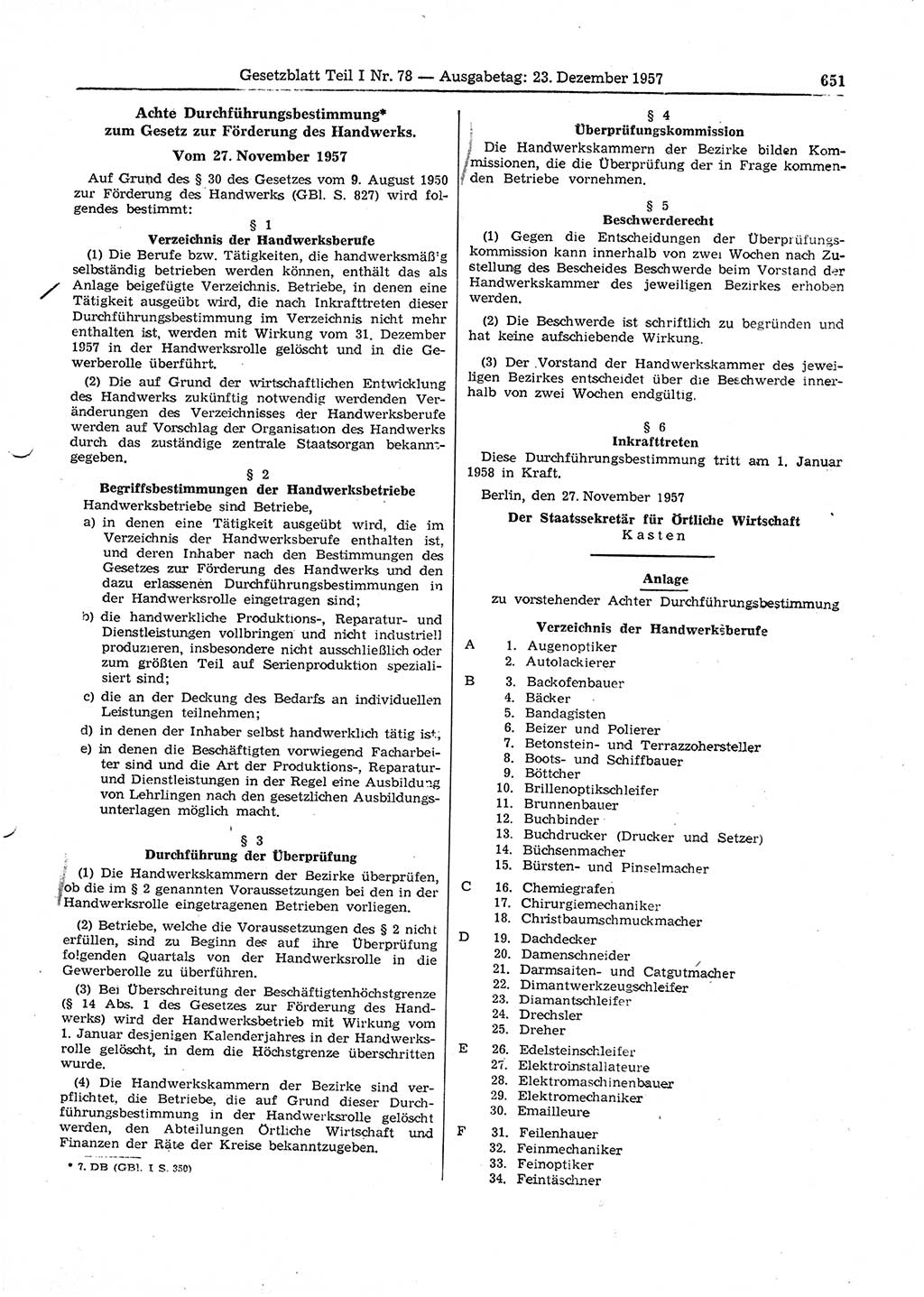 Gesetzblatt (GBl.) der Deutschen Demokratischen Republik (DDR) Teil Ⅰ 1957, Seite 651 (GBl. DDR Ⅰ 1957, S. 651)