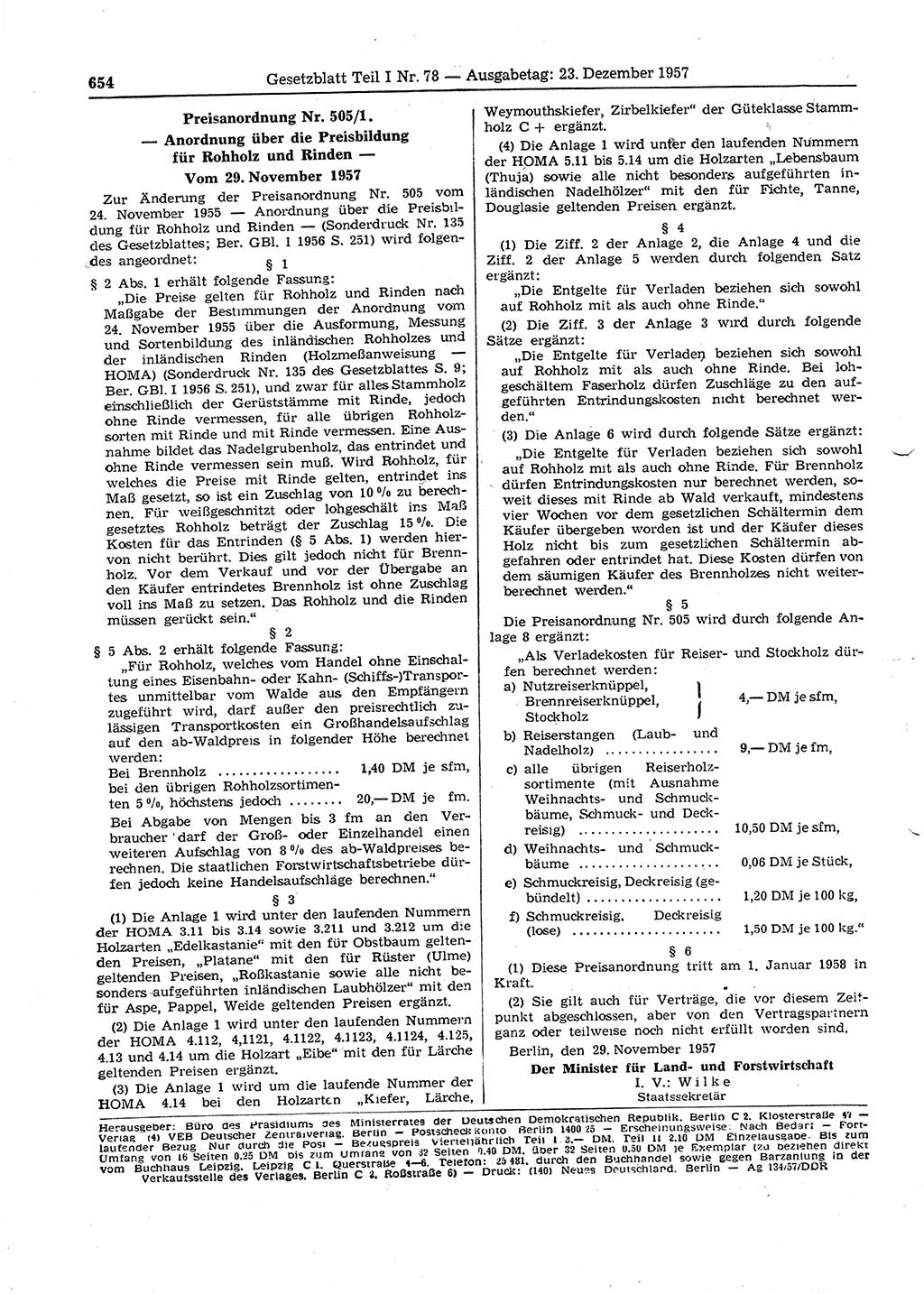 Gesetzblatt (GBl.) der Deutschen Demokratischen Republik (DDR) Teil Ⅰ 1957, Seite 654 (GBl. DDR Ⅰ 1957, S. 654)