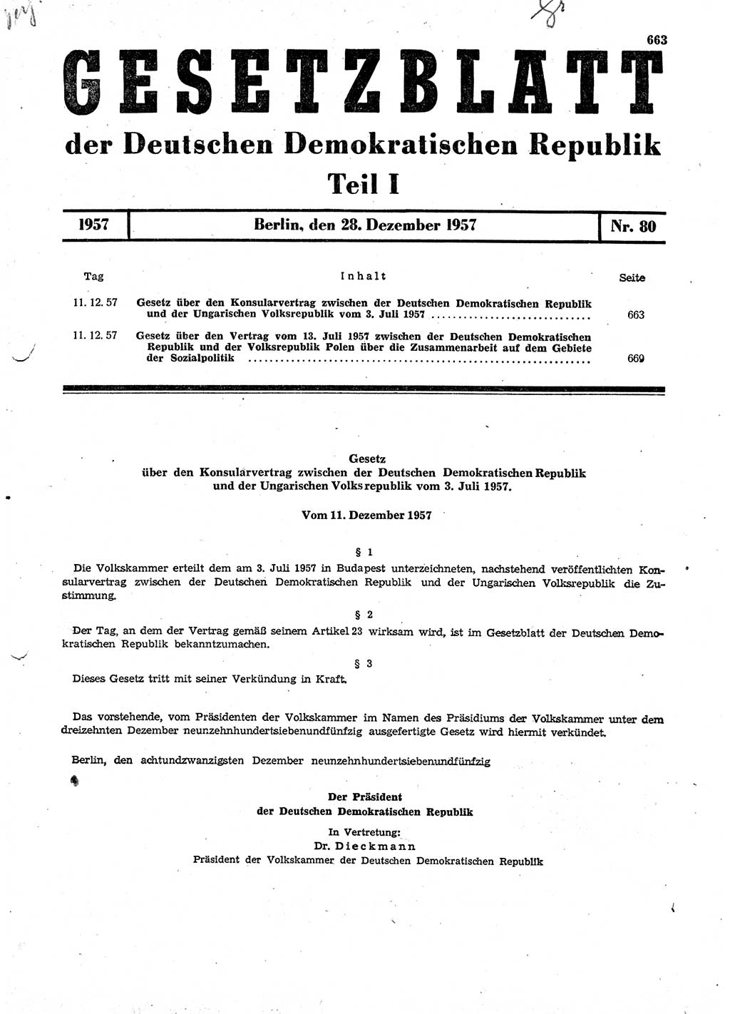 Gesetzblatt (GBl.) der Deutschen Demokratischen Republik (DDR) Teil Ⅰ 1957, Seite 663 (GBl. DDR Ⅰ 1957, S. 663)