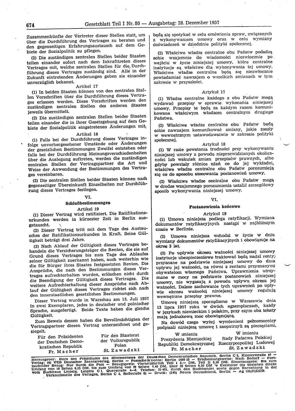 Gesetzblatt (GBl.) der Deutschen Demokratischen Republik (DDR) Teil Ⅰ 1957, Seite 674 (GBl. DDR Ⅰ 1957, S. 674)