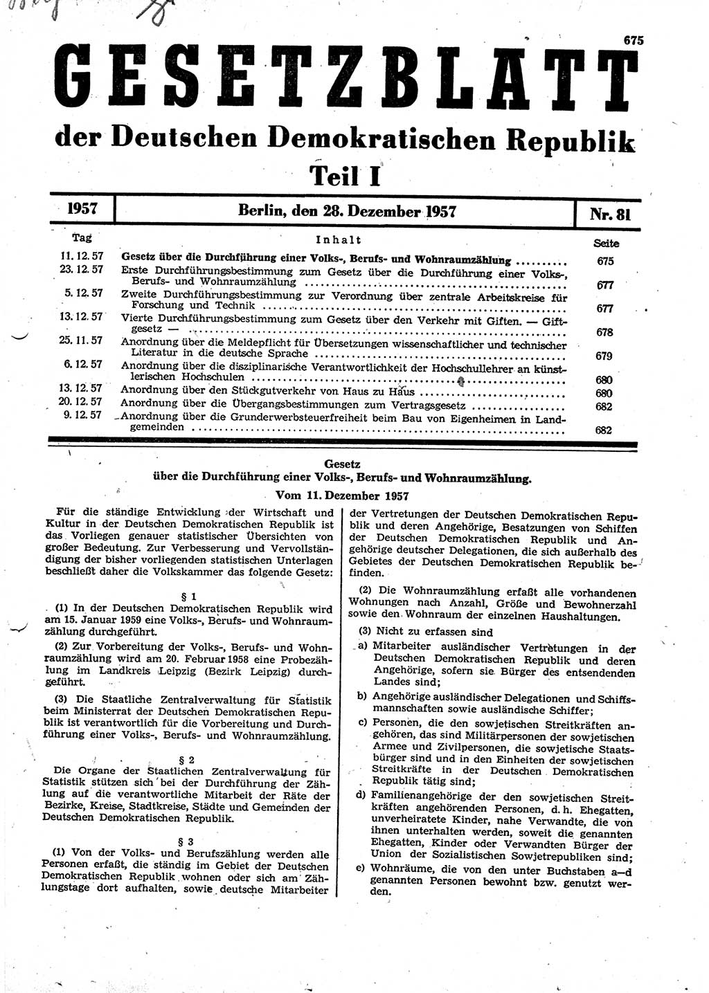 Gesetzblatt (GBl.) der Deutschen Demokratischen Republik (DDR) Teil Ⅰ 1957, Seite 675 (GBl. DDR Ⅰ 1957, S. 675)