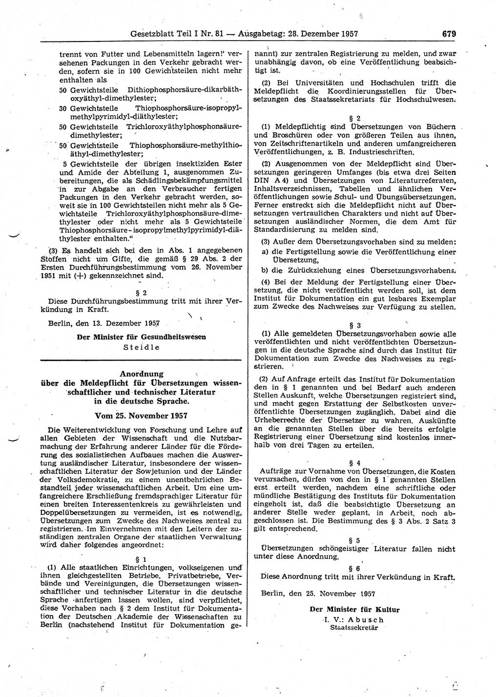 Gesetzblatt (GBl.) der Deutschen Demokratischen Republik (DDR) Teil Ⅰ 1957, Seite 679 (GBl. DDR Ⅰ 1957, S. 679)