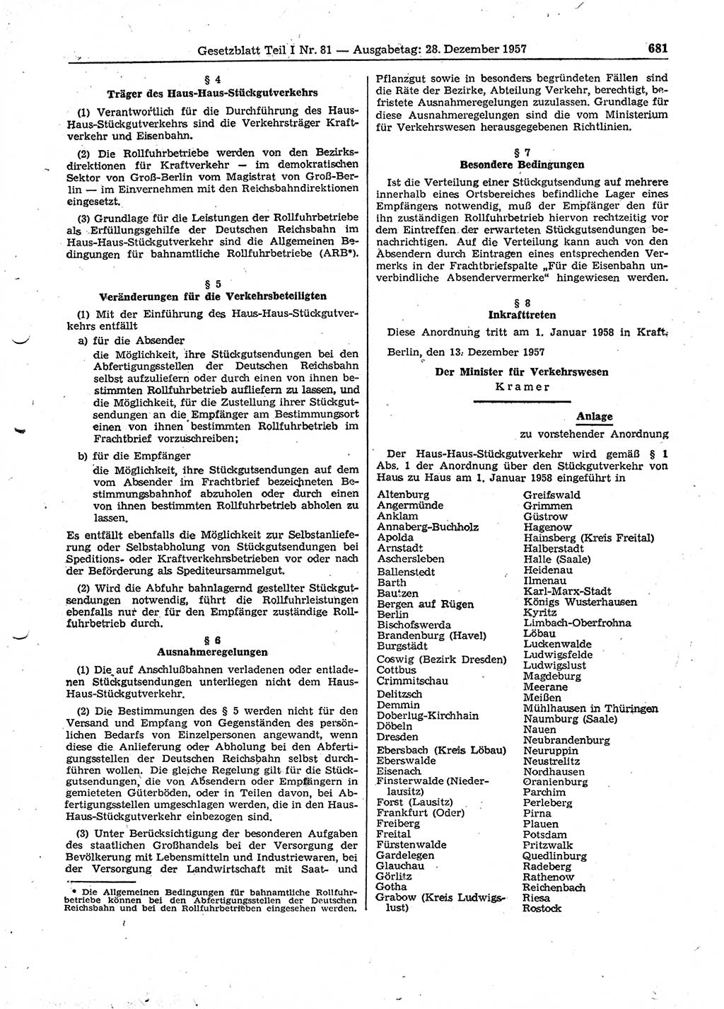 Gesetzblatt (GBl.) der Deutschen Demokratischen Republik (DDR) Teil Ⅰ 1957, Seite 681 (GBl. DDR Ⅰ 1957, S. 681)