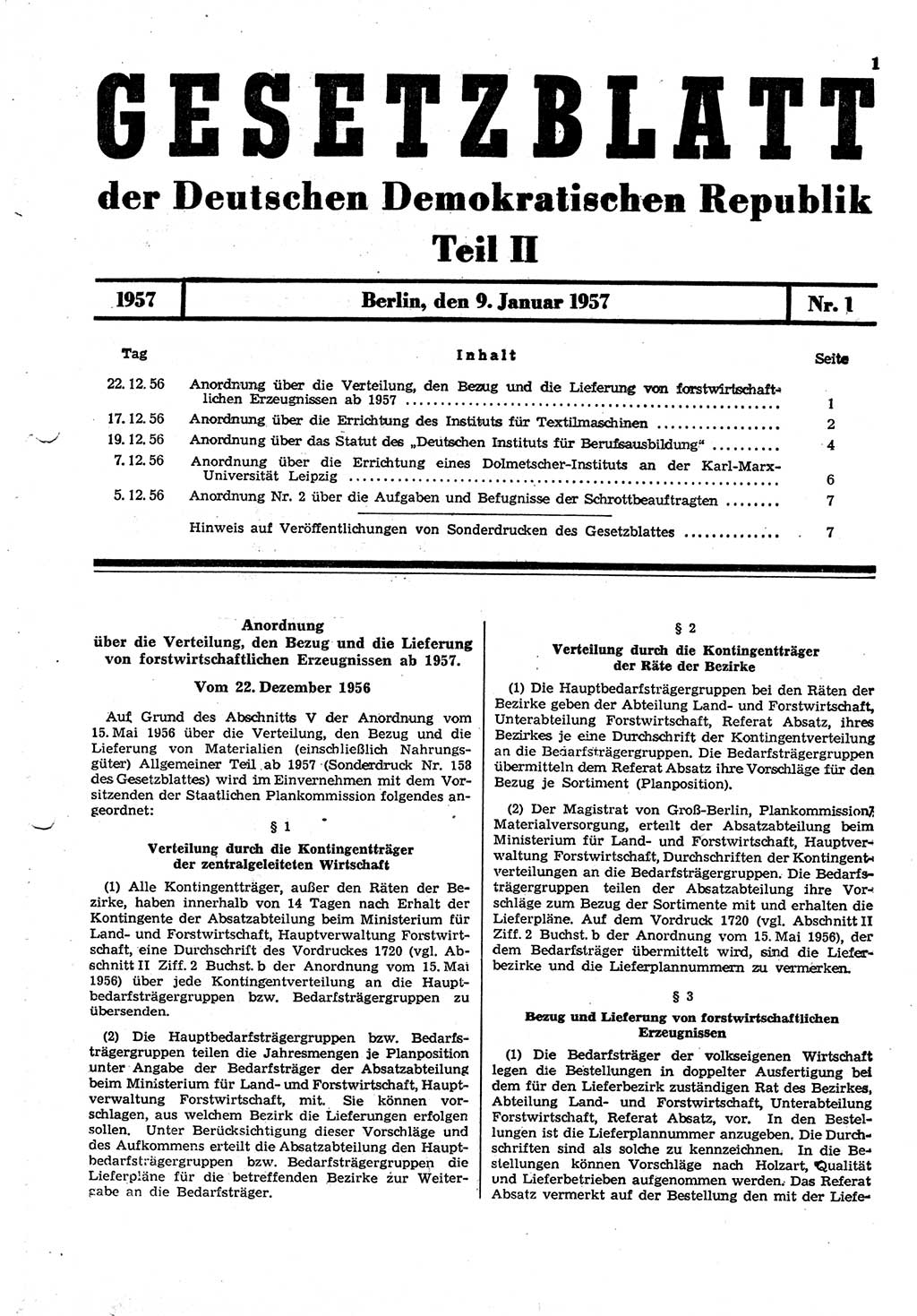 Gesetzblatt (GBl.) der Deutschen Demokratischen Republik (DDR) Teil ⅠⅠ 1957, Seite 1 (GBl. DDR ⅠⅠ 1957, S. 1)