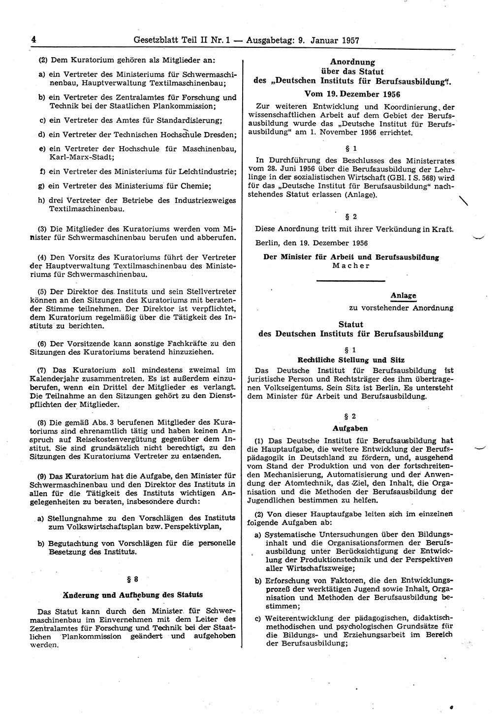 Gesetzblatt (GBl.) der Deutschen Demokratischen Republik (DDR) Teil ⅠⅠ 1957, Seite 4 (GBl. DDR ⅠⅠ 1957, S. 4)