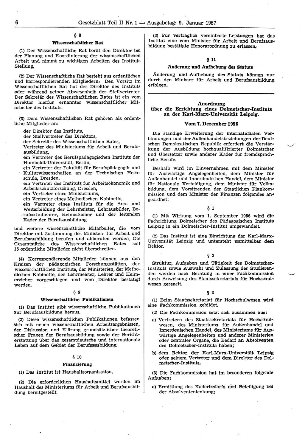 Gesetzblatt (GBl.) der Deutschen Demokratischen Republik (DDR) Teil ⅠⅠ 1957, Seite 6 (GBl. DDR ⅠⅠ 1957, S. 6)