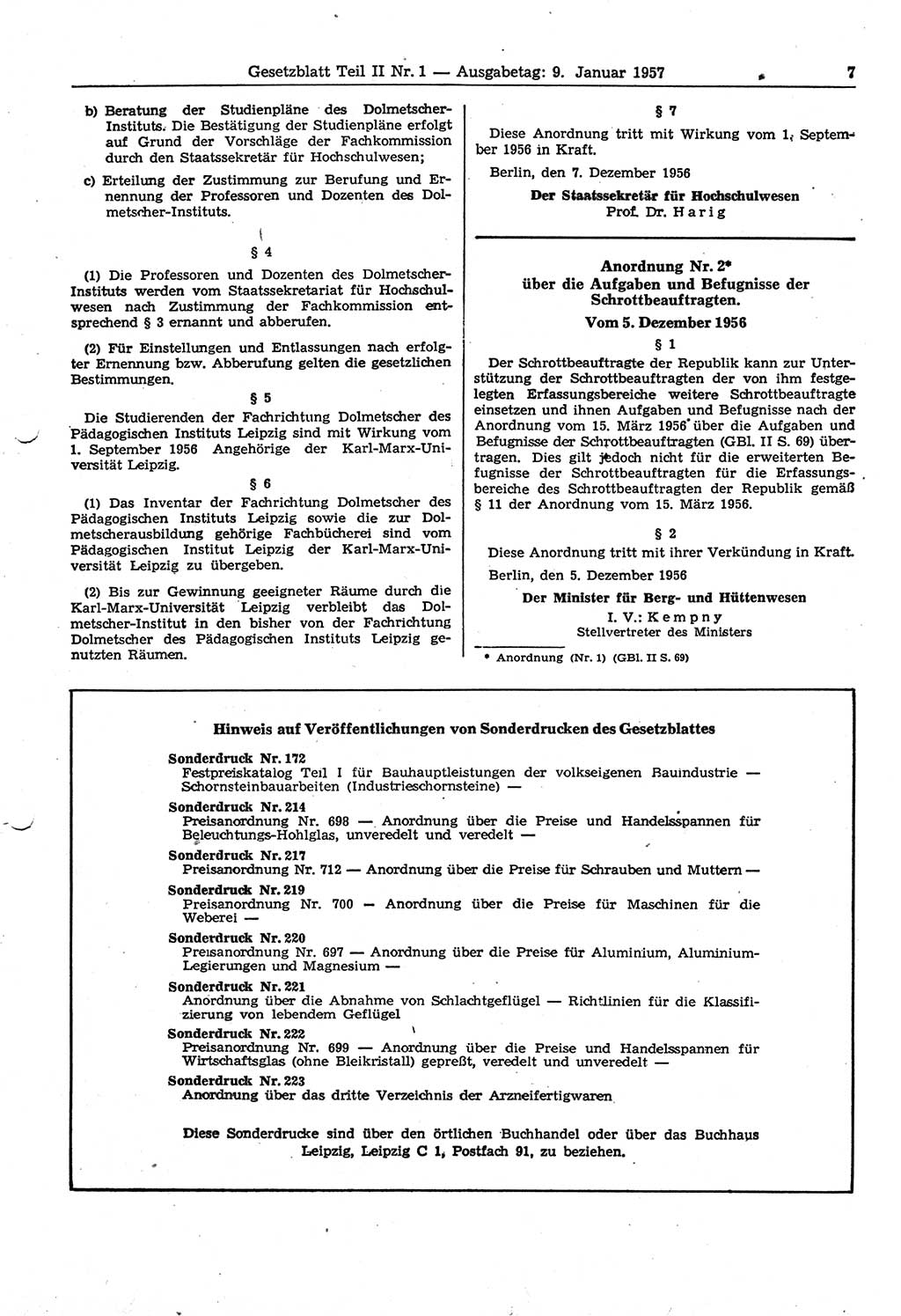 Gesetzblatt (GBl.) der Deutschen Demokratischen Republik (DDR) Teil ⅠⅠ 1957, Seite 7 (GBl. DDR ⅠⅠ 1957, S. 7)