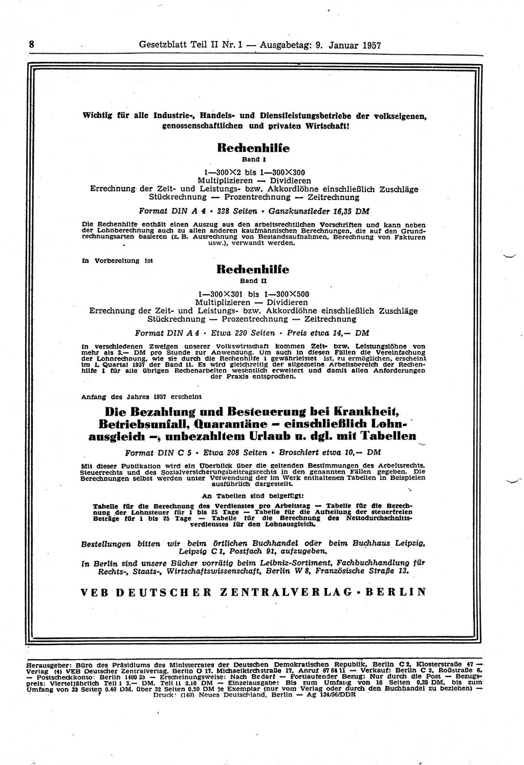 Gesetzblatt (GBl.) der Deutschen Demokratischen Republik (DDR) Teil ⅠⅠ 1957, Seite 8 (GBl. DDR ⅠⅠ 1957, S. 8)