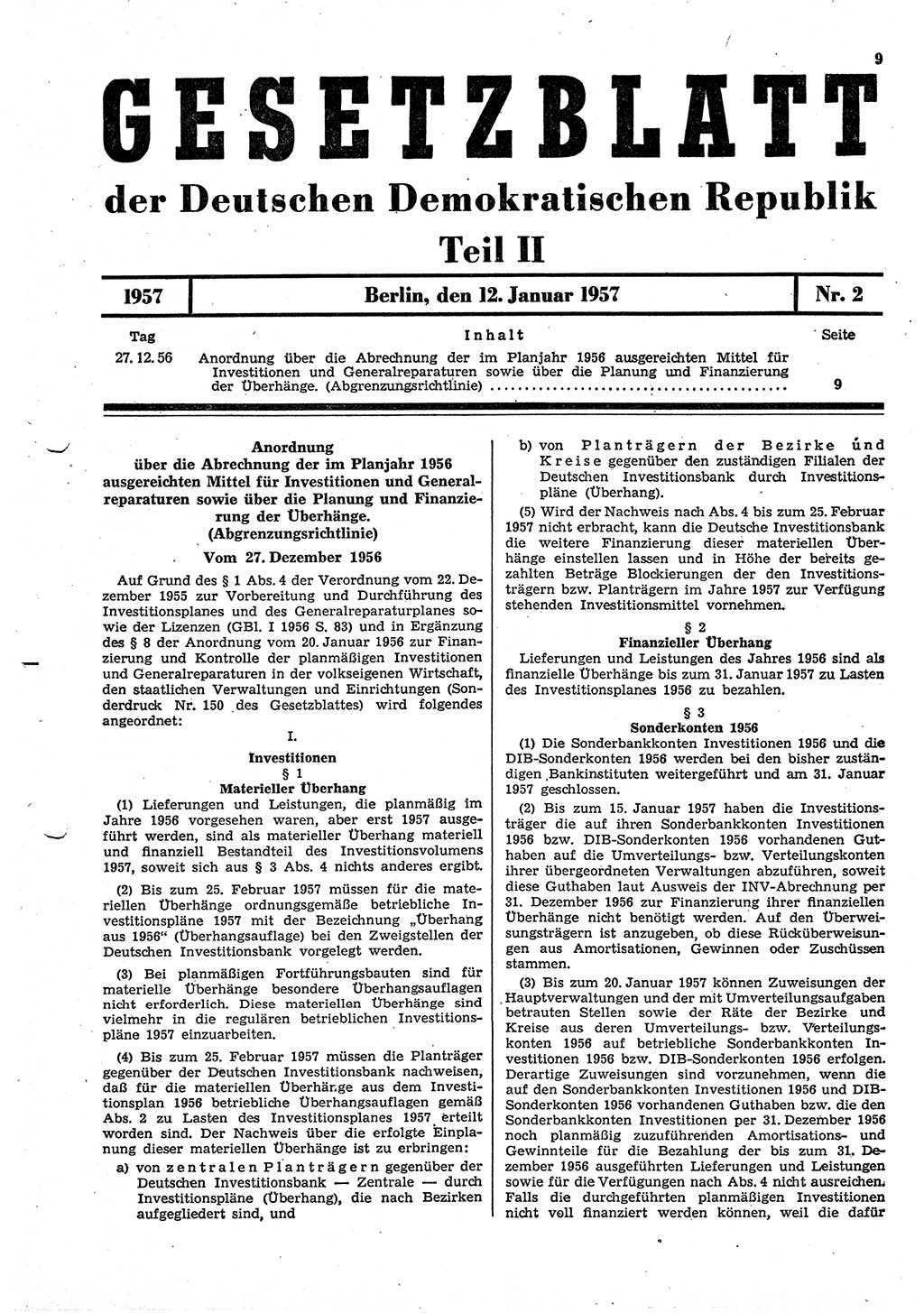 Gesetzblatt (GBl.) der Deutschen Demokratischen Republik (DDR) Teil ⅠⅠ 1957, Seite 9 (GBl. DDR ⅠⅠ 1957, S. 9)