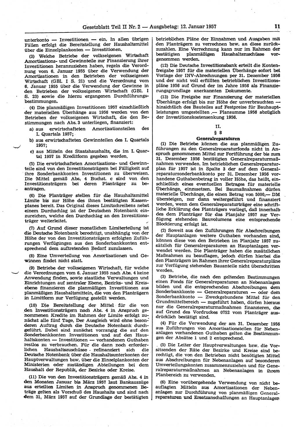 Gesetzblatt (GBl.) der Deutschen Demokratischen Republik (DDR) Teil ⅠⅠ 1957, Seite 11 (GBl. DDR ⅠⅠ 1957, S. 11)