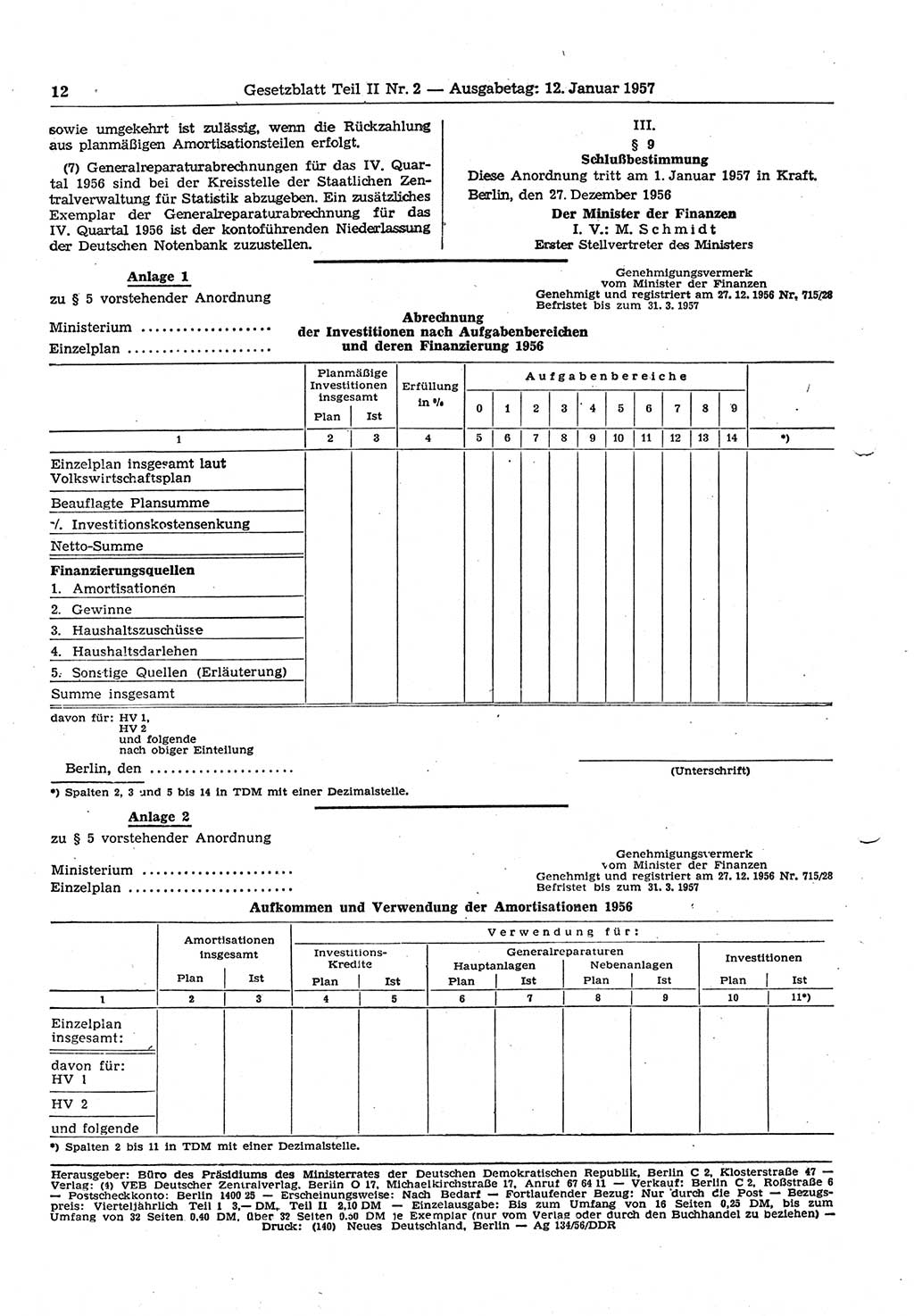 Gesetzblatt (GBl.) der Deutschen Demokratischen Republik (DDR) Teil ⅠⅠ 1957, Seite 12 (GBl. DDR ⅠⅠ 1957, S. 12)